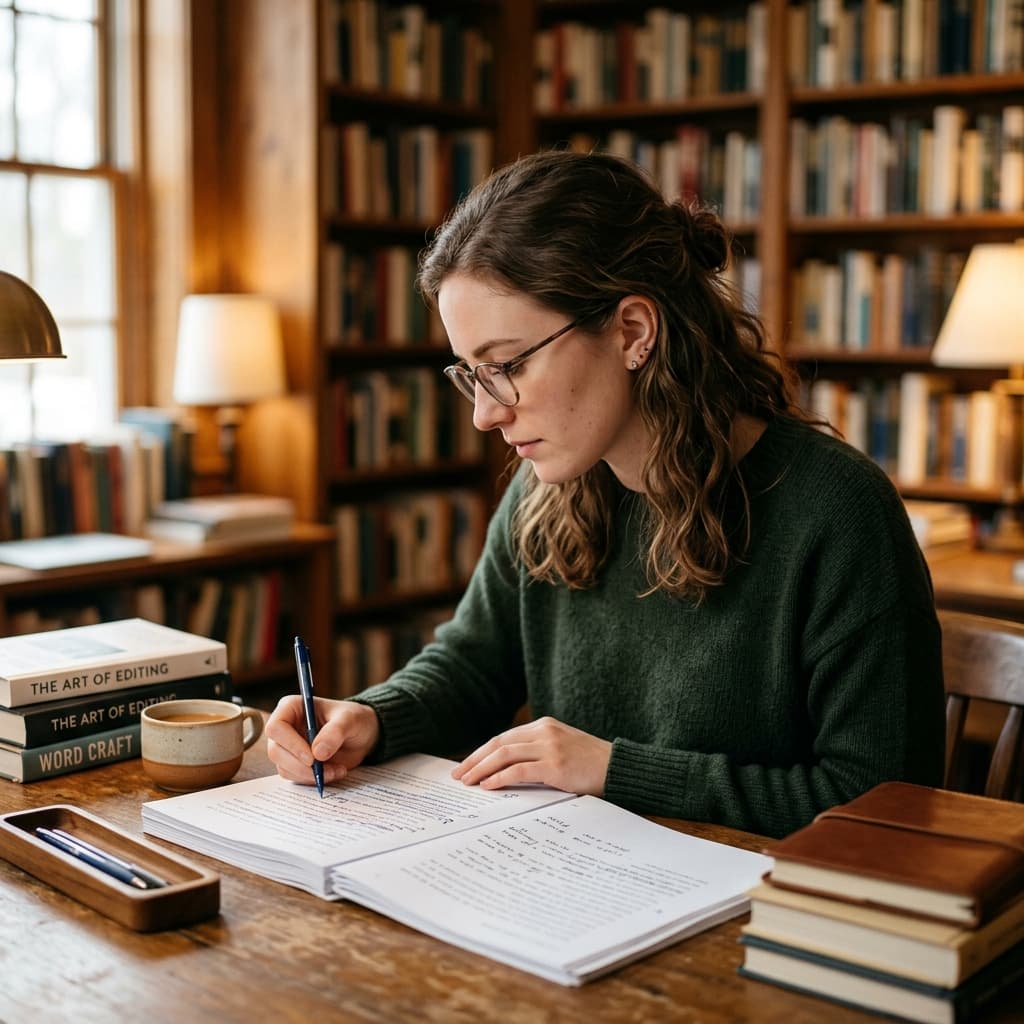 Woman book editor working at desk